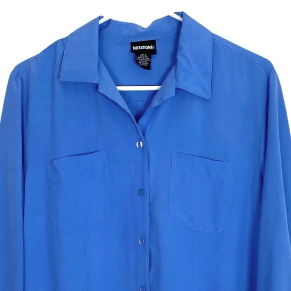 Vintage 90s 100% Silk Button Down Blouse Size Large Blue Half Sleeve Shirt Top - Picture 3 of 11